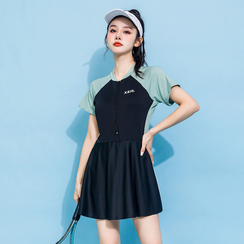 女性長袖ワンピース水着フロントジッパーカラーブロック控えめな - Young Women'S Formal Wear のレビューと価格