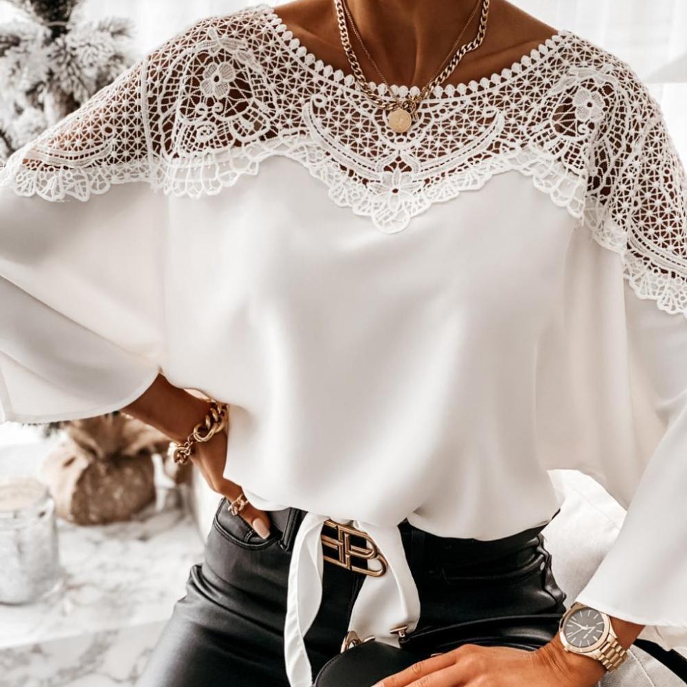 クラシックな長袖レースブラウス レディース 春秋 無地 カジ - Women Formal Wear White Shirt のレビューと価格