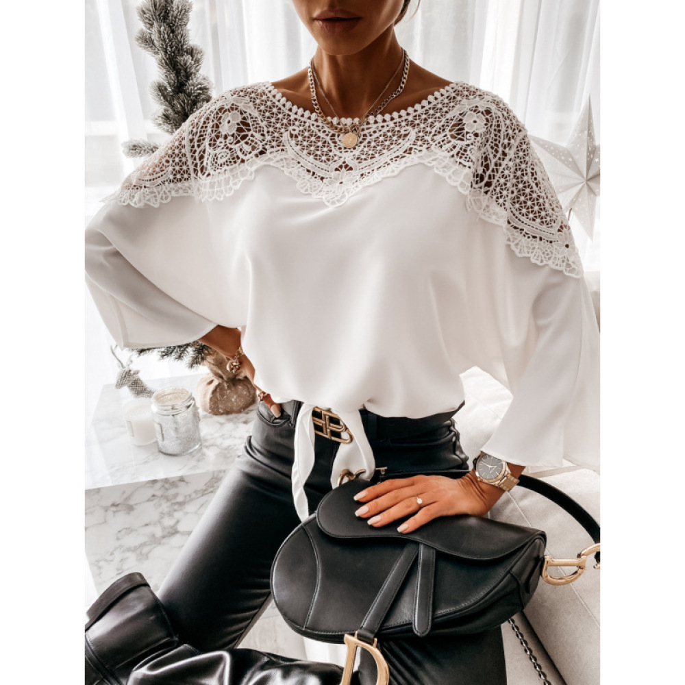 クラシックな長袖レースブラウス レディース 春秋 無地 カジ - Women Formal Wear White Shirt のレビューと価格