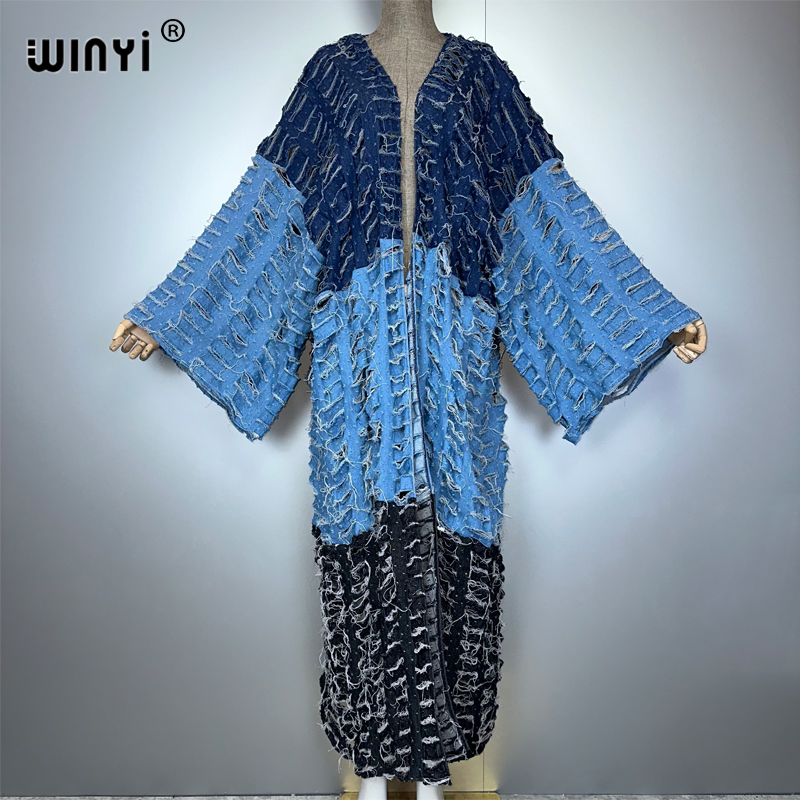 WINYI着物風カラーマッチングデニムカーディガンマキシ丈ワ - Young Women'S Formal Wear のレビューと価格