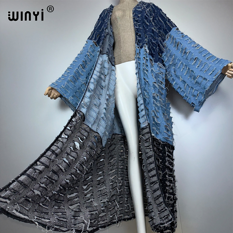 WINYI着物風カラーマッチングデニムカーディガンマキシ丈ワ - Young Women'S Formal Wear のレビューと価格