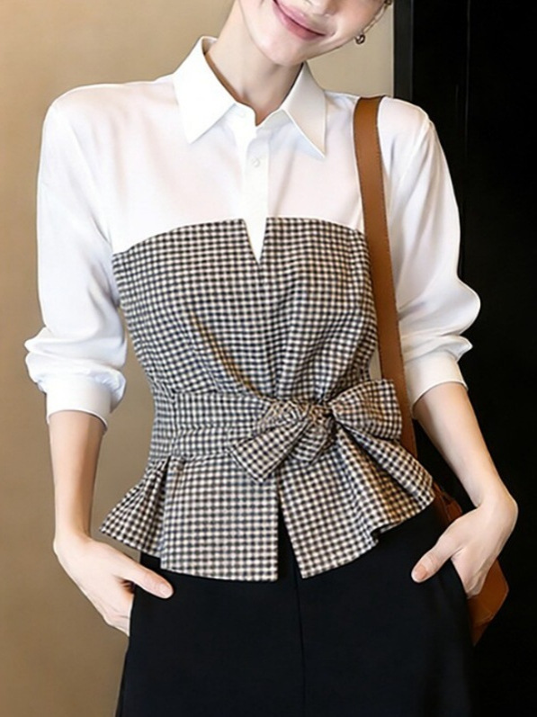 新しい白黒ギンガムチェックパッチワークブラウス、襟付き長袖、 - Women Formal Wear White Shirt のレビューと価格