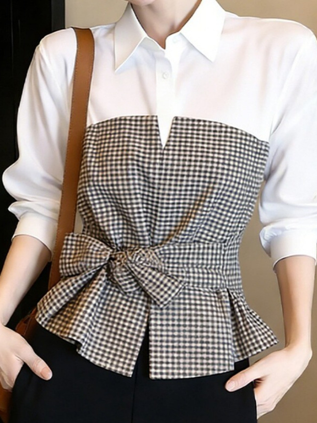 新しい白黒ギンガムチェックパッチワークブラウス、襟付き長袖、 - Women Formal Wear White Shirt のレビューと価格
