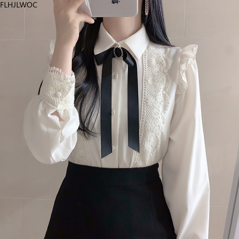 フリル秋春の基本的なオフィスレディ作業服女性シングルブレスト - Women Formal Wear White Shirt のレビューと価格