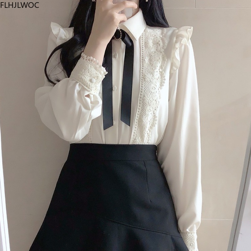 フリル秋春の基本的なオフィスレディ作業服女性シングルブレスト - Women Formal Wear White Shirt のレビューと価格