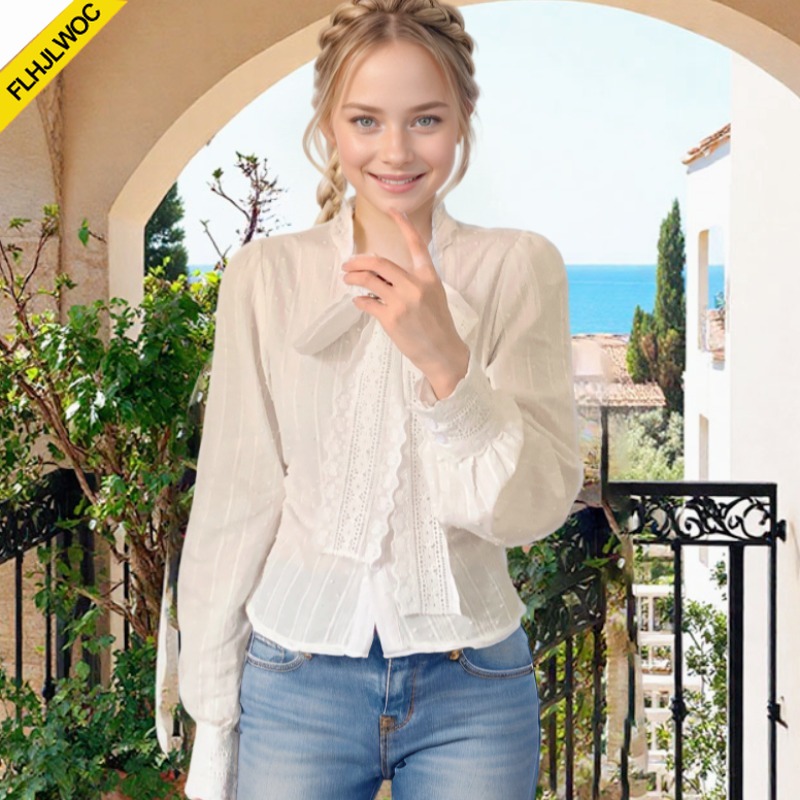 レトロヴィンテージレース蝶ネクタイトップスかわいい女の子春秋 - Women Formal Wear White Shirt のレビューと価格