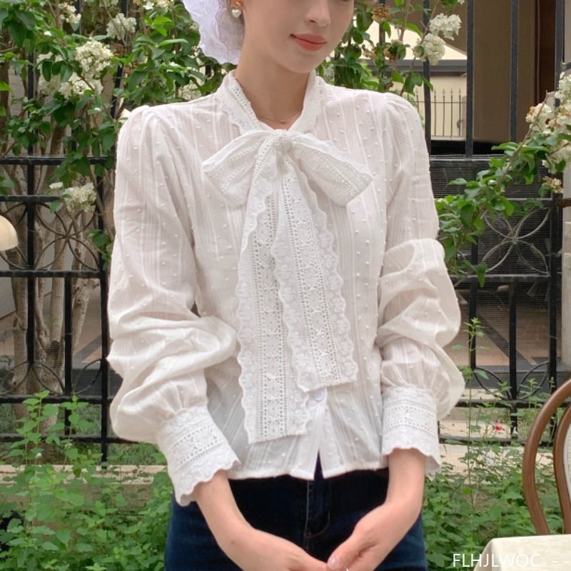 レトロヴィンテージレース蝶ネクタイトップスかわいい女の子春秋 - Women Formal Wear White Shirt のレビューと価格