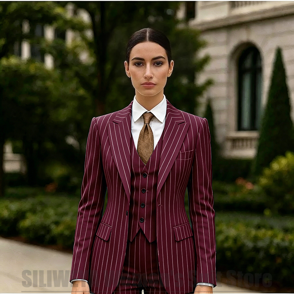 白のストライプ柄レディーススーツ3点セット、シックなピークド - Women Formal Wear White Shirt のレビューと価格