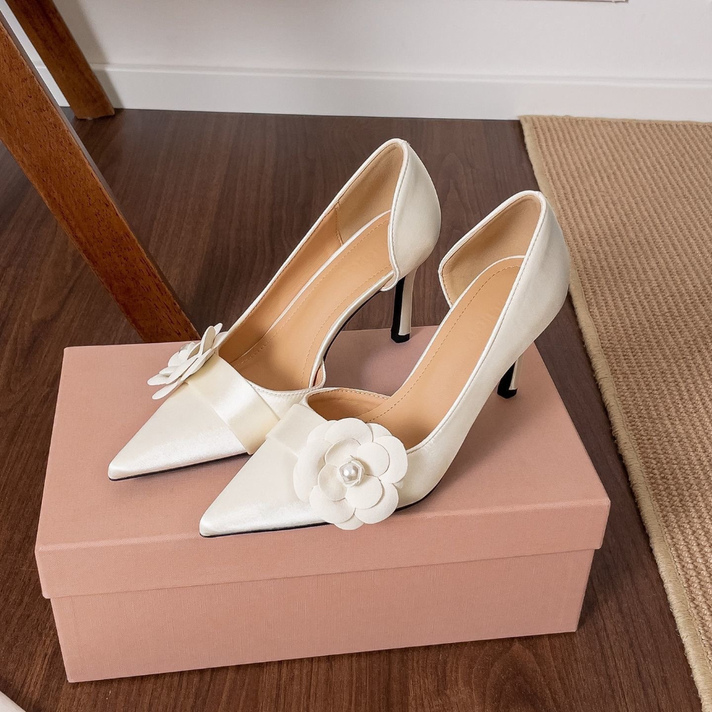 サテンポインテッドスティレットパンプス女性用花柄パール細ヒー - Women Formal Wear Footwear のレビューと価格