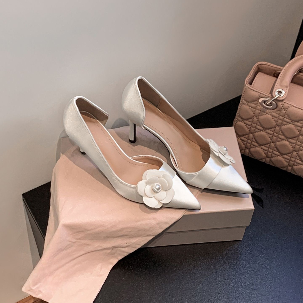 サテンポインテッドスティレットパンプス女性用花柄パール細ヒー - Women Formal Wear Footwear のレビューと価格