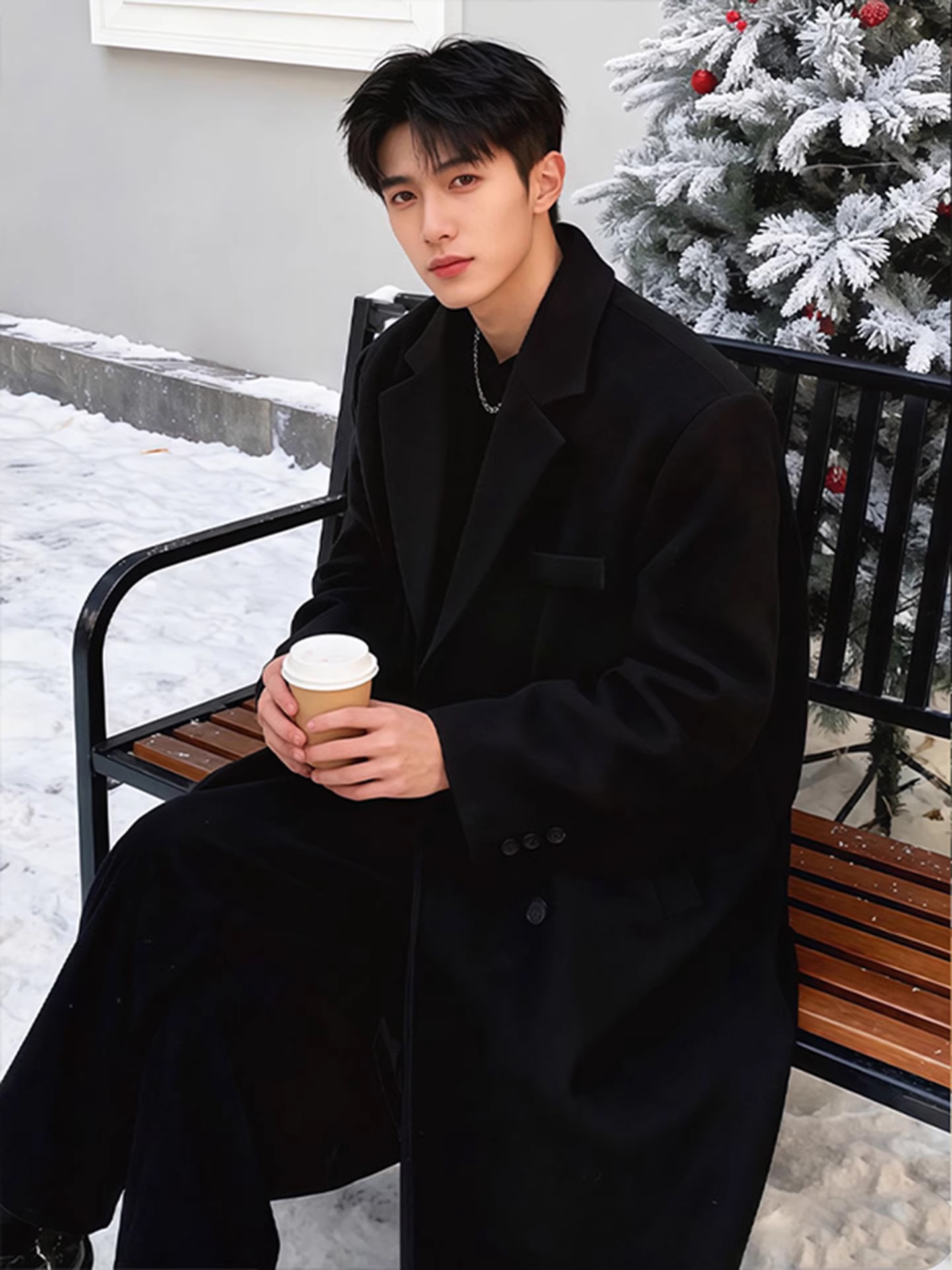 黒のウールコートメンズミッドレングス秋冬厚手韓国風ウインドブ - Tailored Coat Wool のレビューと価格