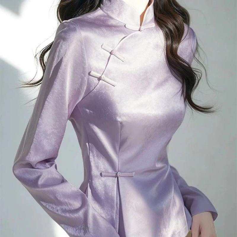 2025 春紫サテンシャツ女性の新しい中国風のチャイナブラウ - Women'S Formal Wear Suits のレビューと価格