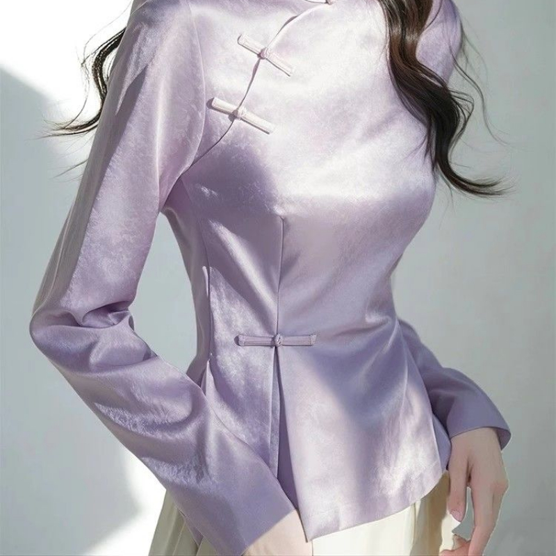 2025 春紫サテンシャツ女性の新しい中国風のチャイナブラウ - Women'S Formal Wear Suits のレビューと価格