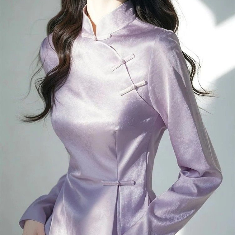 2025 春紫サテンシャツ女性の新しい中国風のチャイナブラウ - Women'S Formal Wear Suits のレビューと価格