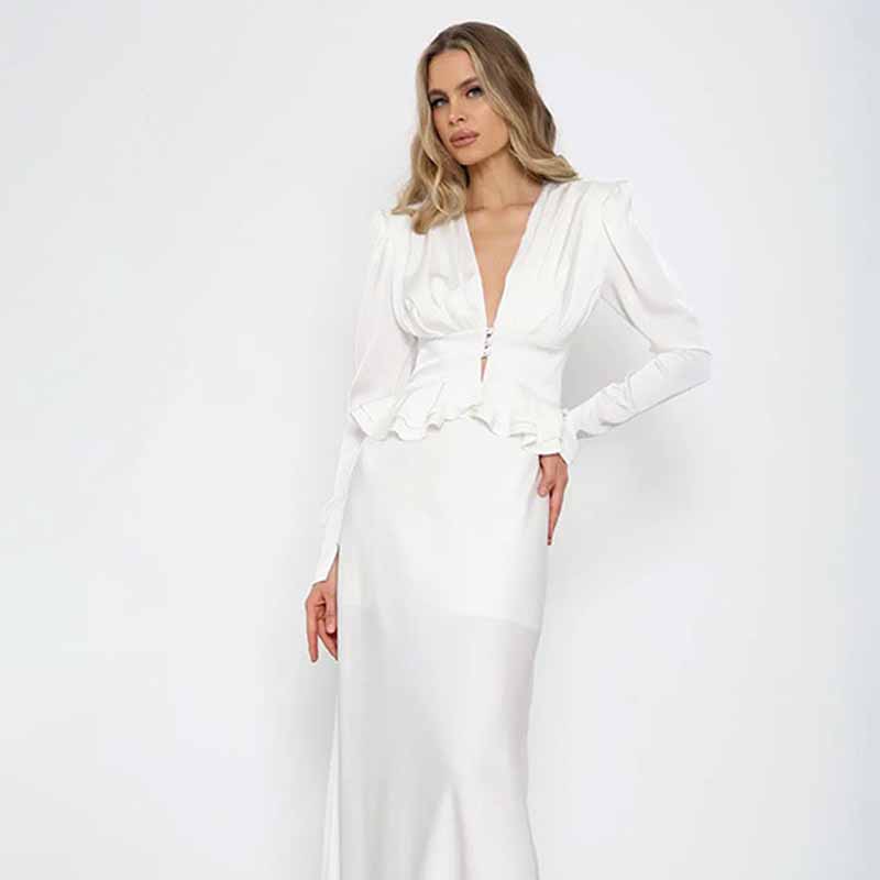 女性用ホワイトシャツ、ディープVネック、長袖、ラッフルヘム、 - Women Formal Wear White Shirt のレビューと価格
