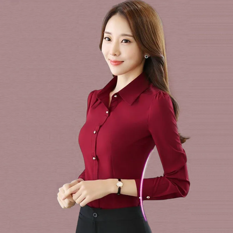 赤長袖シャツ女性春秋の新韓国痩身フォーマル職業 OL シャツ - Women'S Formal Wear Suits のレビューと価格