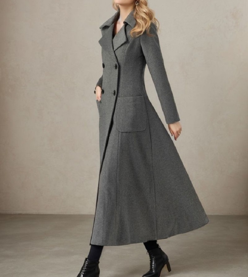 女性用グレーロングジャケットウールダブルブレストブレザーテー - Tailored Coat Wool のレビューと価格