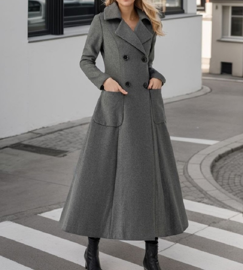 女性用グレーロングジャケットウールダブルブレストブレザーテー - Tailored Coat Wool のレビューと価格