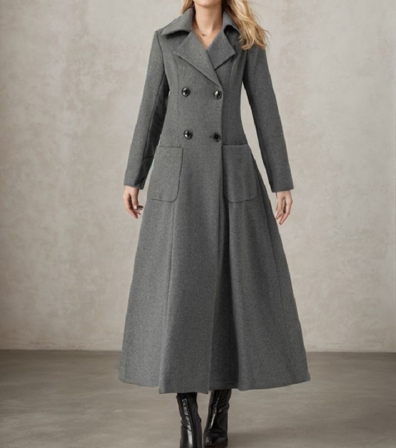 女性用グレーロングジャケットウールダブルブレストブレザーテー - Tailored Coat Wool のレビューと価格