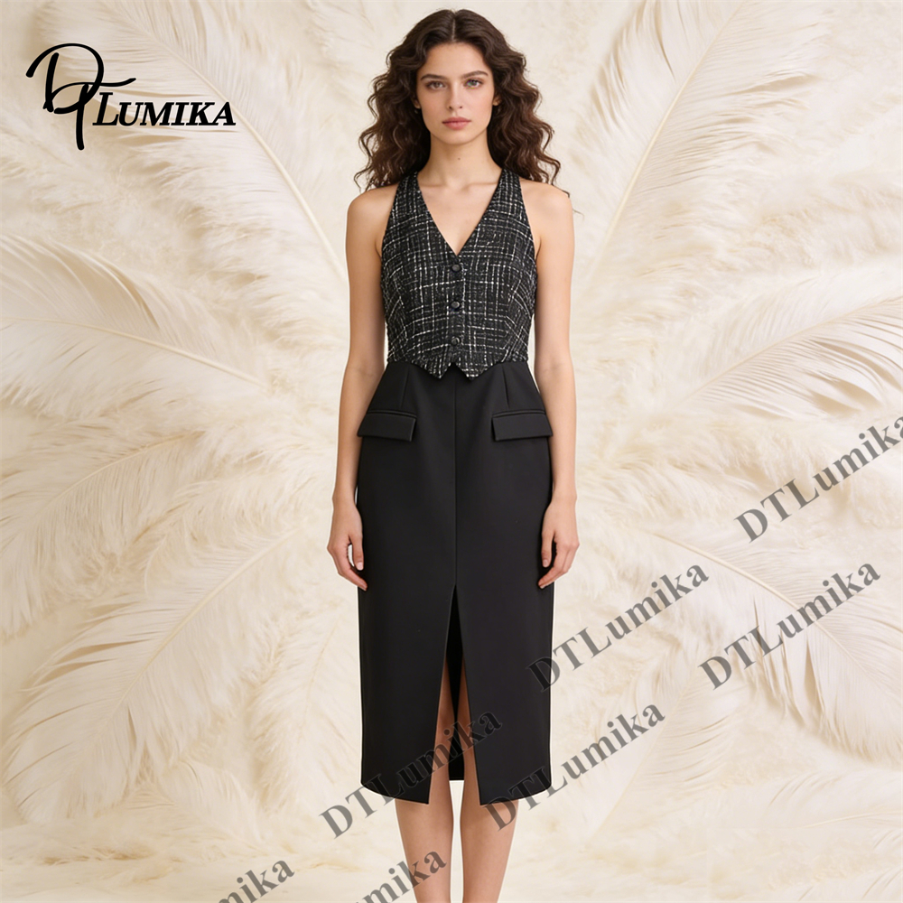 ツイード＆クレープのコントラストドレス、ノースリーブVネック - Women Formal Wear Look のレビューと価格