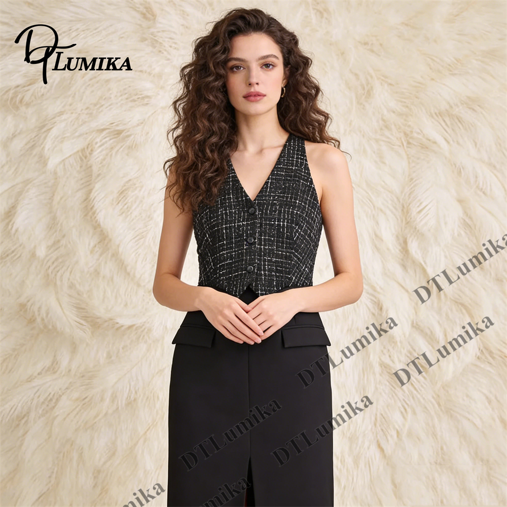 ツイード＆クレープのコントラストドレス、ノースリーブVネック - Women Formal Wear Look のレビューと価格