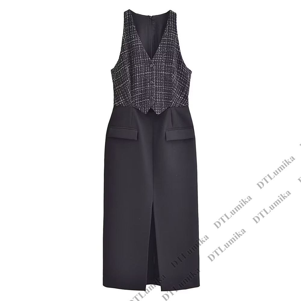 ツイード＆クレープのコントラストドレス、ノースリーブVネック - Women Formal Wear Look のレビューと価格